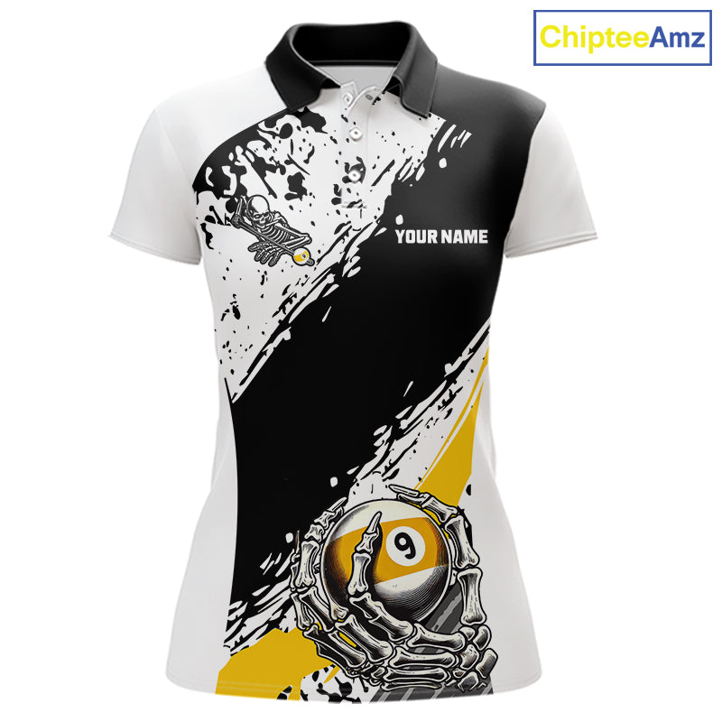 9 Ball Skeleton Custom Billiard Polo & 1/4 Zip Shirts For Women, Funny 9 Ball Pool Billiard Jerseys TDM5675