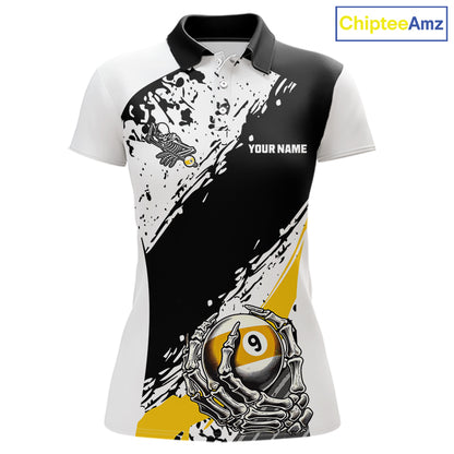 9 Ball Skeleton Custom Billiard Polo & 1/4 Zip Shirts For Women, Funny 9 Ball Pool Billiard Jerseys TDM5675
