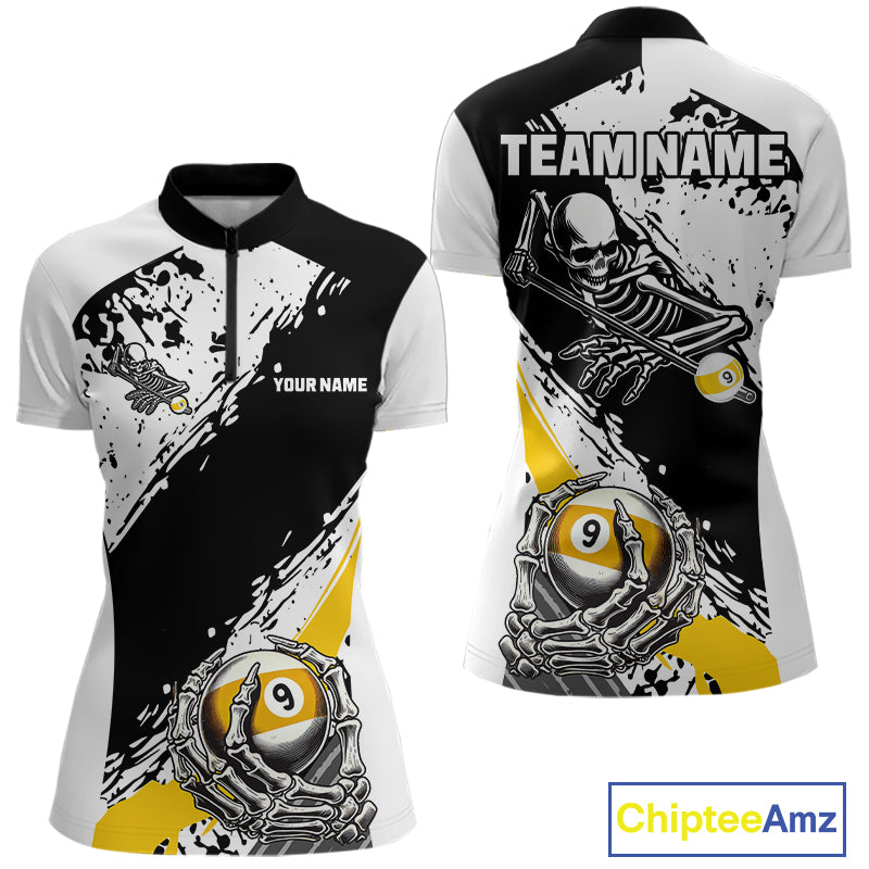 9 Ball Skeleton Custom Billiard Polo & 1/4 Zip Shirts For Women, Funny 9 Ball Pool Billiard Jerseys TDM5675