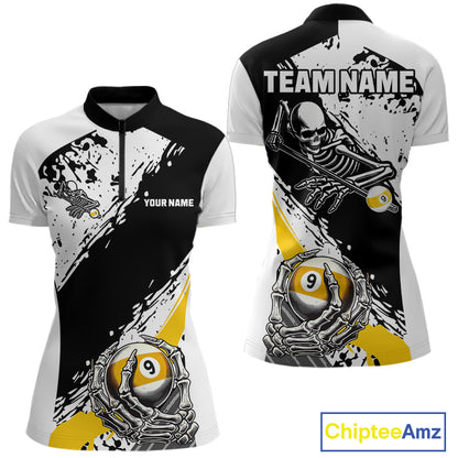 9 Ball Skeleton Custom Billiard Polo & 1/4 Zip Shirts For Women, Funny 9 Ball Pool Billiard Jerseys TDM5675