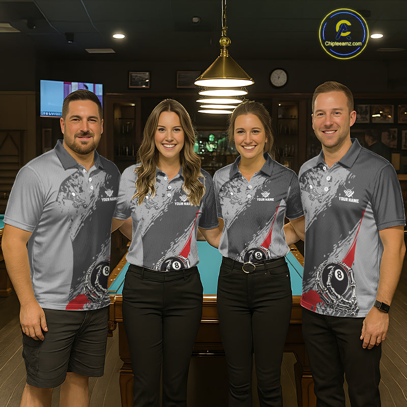 8 Ball Skeleton Custom Billiard Polo & 1/4 Zip For Women, Funny 8 Ball Pool Billiard Team Jersey|Red TDM5676