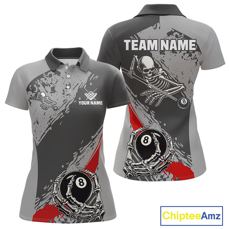 8 Ball Skeleton Custom Billiard Polo & 1/4 Zip For Women, Funny 8 Ball Pool Billiard Team Jersey|Red TDM5676