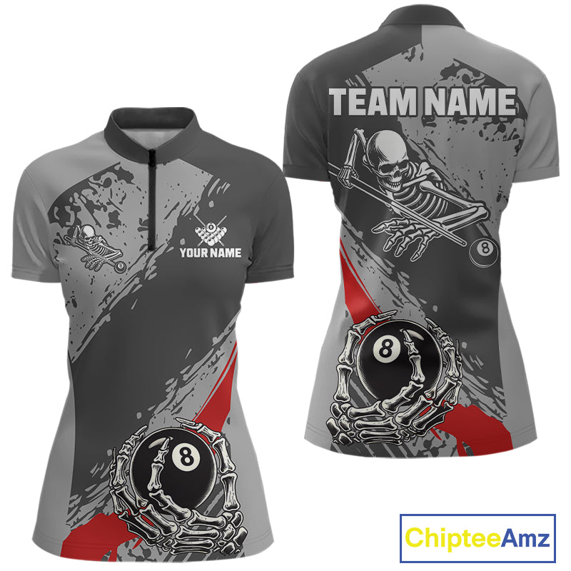 8 Ball Skeleton Custom Billiard Polo & 1/4 Zip For Women, Funny 8 Ball Pool Billiard Team Jersey|Red TDM5676