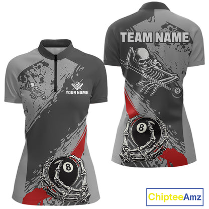 8 Ball Skeleton Custom Billiard Polo & 1/4 Zip For Women, Funny 8 Ball Pool Billiard Team Jersey|Red TDM5676