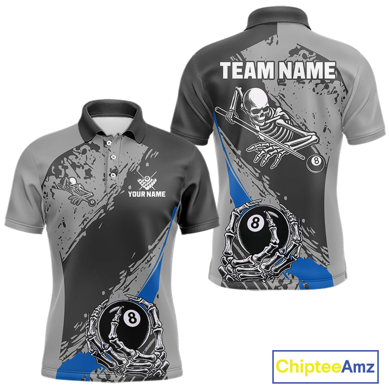 8 Ball Skeleton Custom Billiard Polo & 1/4 Zip For Men, Funny 8 Ball Pool Billiard Jersey|Blue TDM5677