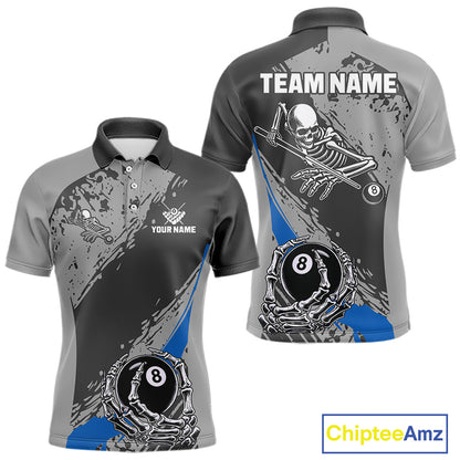 8 Ball Skeleton Custom Billiard Polo & 1/4 Zip For Men, Funny 8 Ball Pool Billiard Jersey|Blue TDM5677