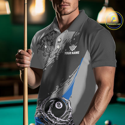 8 Ball Skeleton Custom Billiard Polo & 1/4 Zip For Men, Funny 8 Ball Pool Billiard Jersey|Blue TDM5677