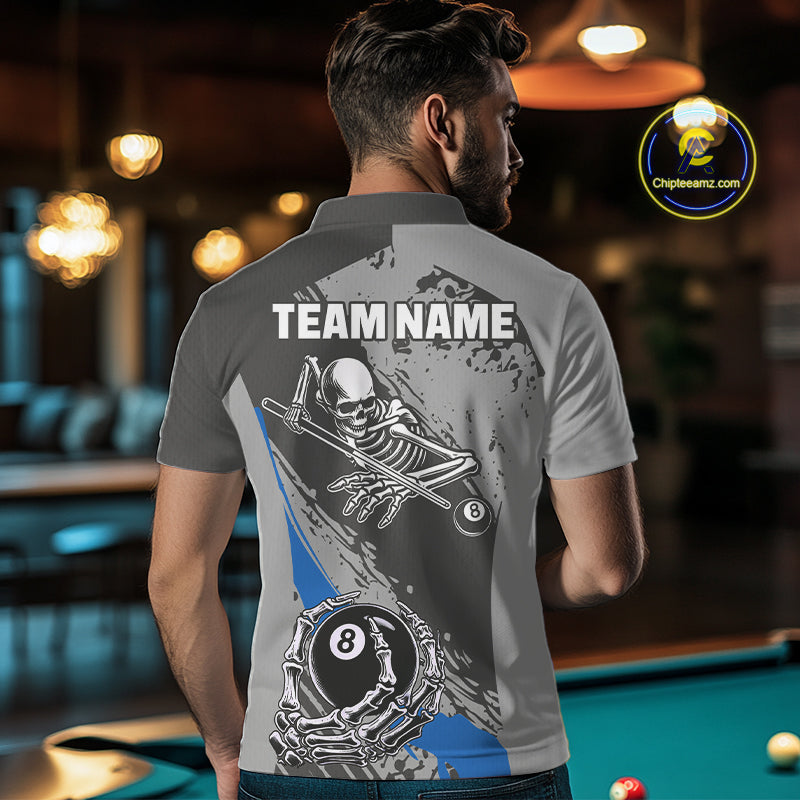 8 Ball Skeleton Custom Billiard Polo & 1/4 Zip For Men, Funny 8 Ball Pool Billiard Jersey|Blue TDM5677