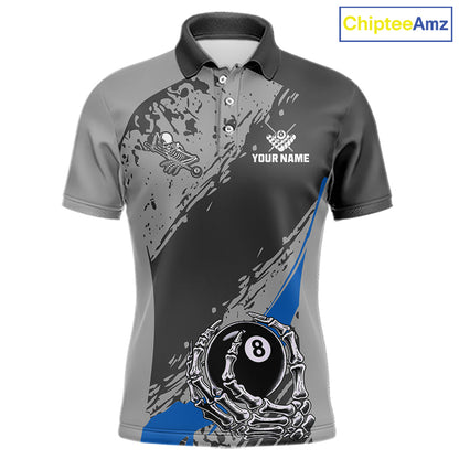 8 Ball Skeleton Custom Billiard Polo & 1/4 Zip For Men, Funny 8 Ball Pool Billiard Jersey|Blue TDM5677