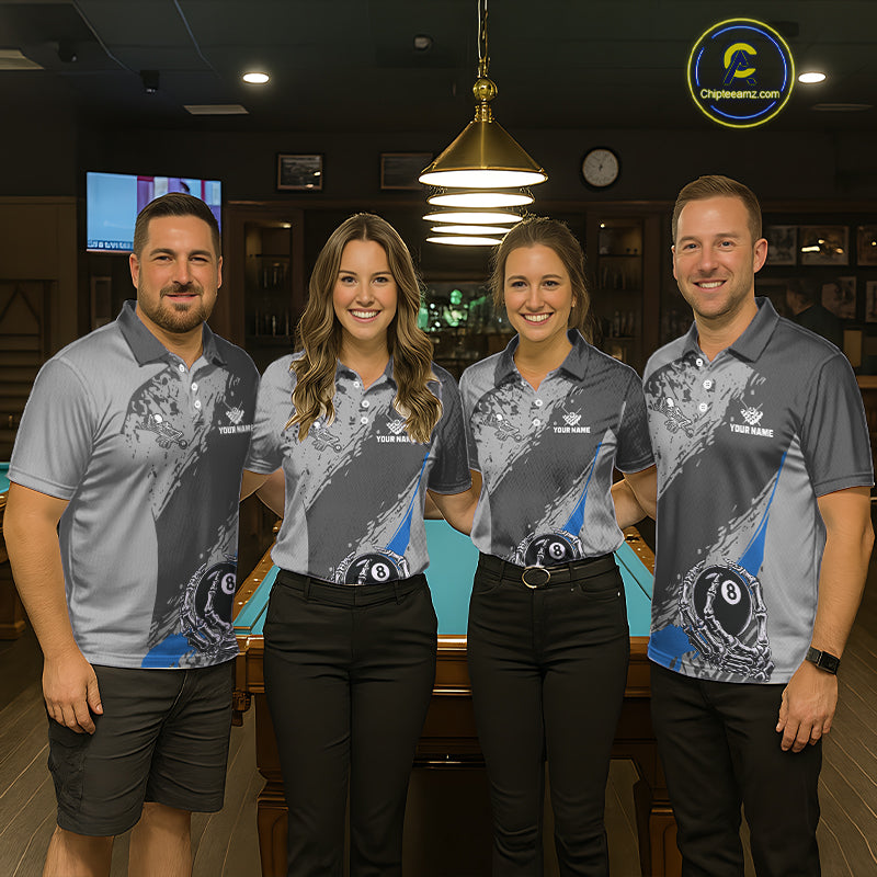 8 Ball Skeleton Custom Billiard Polo & 1/4 Zip For Men, Funny 8 Ball Pool Billiard Jersey|Blue TDM5677