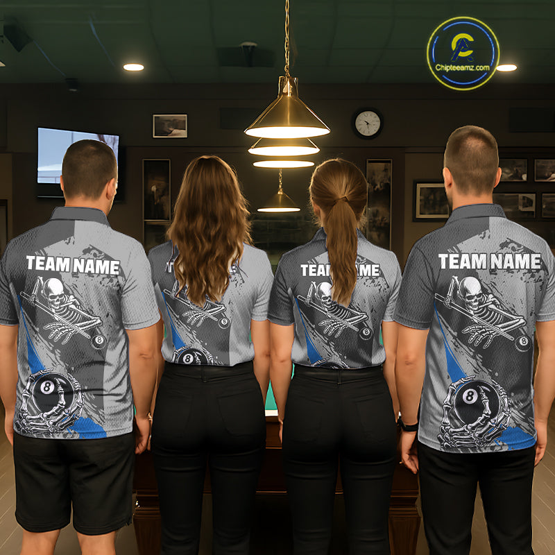 8 Ball Skeleton Custom Billiard Polo & 1/4 Zip For Men, Funny 8 Ball Pool Billiard Jersey|Blue TDM5677