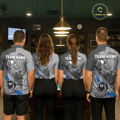 8 Ball Skeleton Custom Billiard Polo & 1/4 Zip For Men, Funny 8 Ball Pool Billiard Jersey|Blue TDM5677