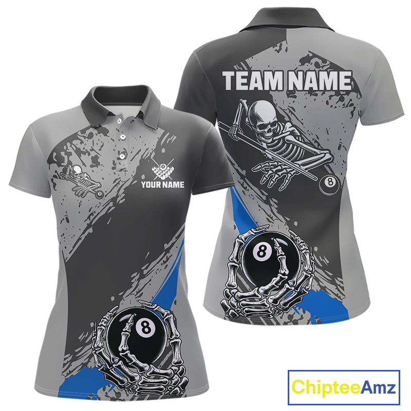 8 Ball Skeleton Custom Billiard Polo & 1/4 Zip For Women, Funny 8 Ball Pool Billiard Jersey|Blue TDM5677