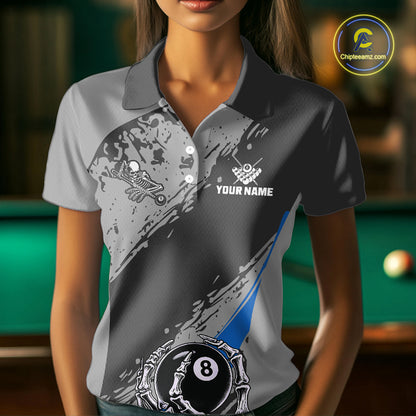 8 Ball Skeleton Custom Billiard Polo & 1/4 Zip For Women, Funny 8 Ball Pool Billiard Jersey|Blue TDM5677