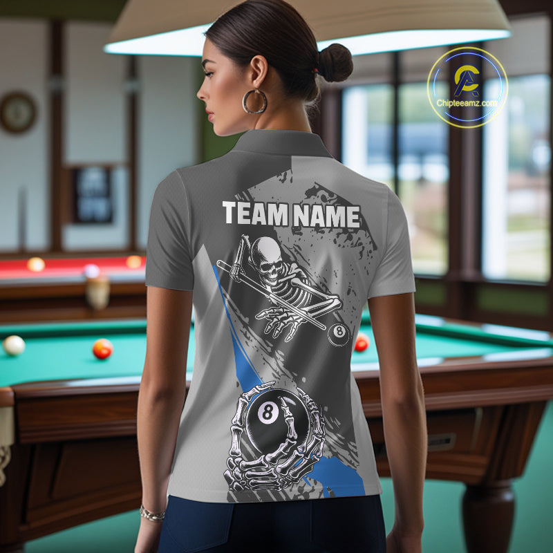 8 Ball Skeleton Custom Billiard Polo & 1/4 Zip For Women, Funny 8 Ball Pool Billiard Jersey|Blue TDM5677