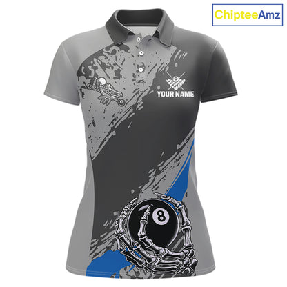 8 Ball Skeleton Custom Billiard Polo & 1/4 Zip For Women, Funny 8 Ball Pool Billiard Jersey|Blue TDM5677