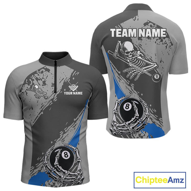 8 Ball Skeleton Custom Billiard Polo & 1/4 Zip For Men, Funny 8 Ball Pool Billiard Jersey|Blue TDM5677