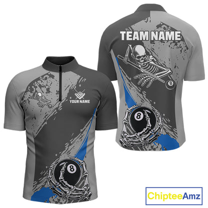 8 Ball Skeleton Custom Billiard Polo & 1/4 Zip For Men, Funny 8 Ball Pool Billiard Jersey|Blue TDM5677