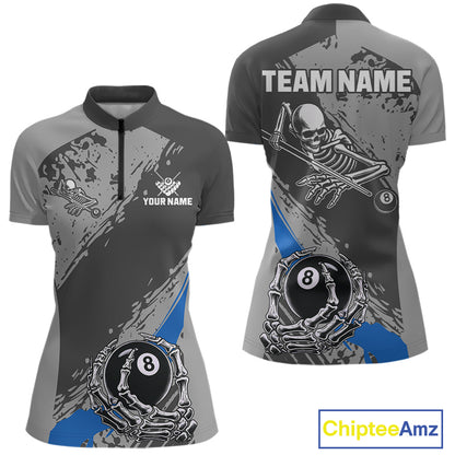 8 Ball Skeleton Custom Billiard Polo & 1/4 Zip For Women, Funny 8 Ball Pool Billiard Jersey|Blue TDM5677