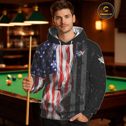 Personalized American Flag Smoke Billiard Hoodie Custom Patriotic 8 Ball Hoodie Pool Team Jersey TDM5679