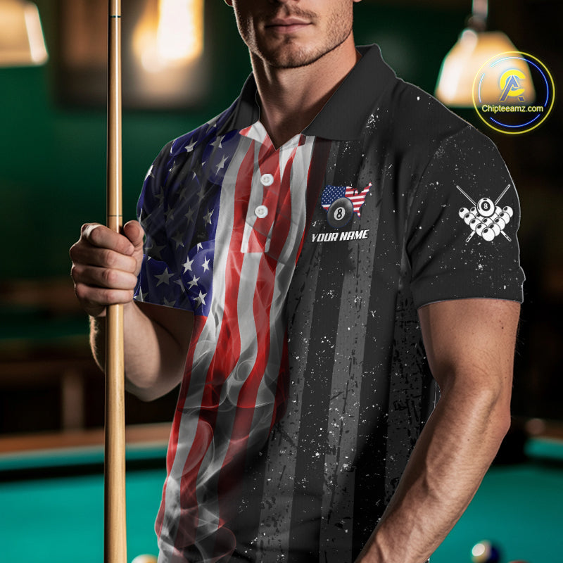 Personalized American Flag Smoke Billiard Jersey For Men, Patriotic 8 Ball Pool Billiard Shirt TDM5679