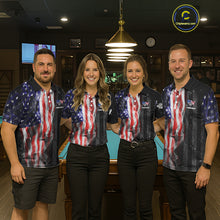 Load image into Gallery viewer, Personalized American Flag Smoke Billiard Jersey For Men, Patriotic 8 Ball Pool Billiard Shirt TDM5679