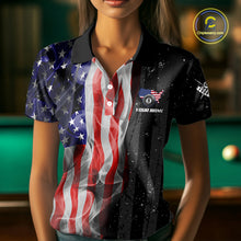 Load image into Gallery viewer, Personalized American Flag Smoke Billiard Jersey For Women, Patriotic 8 Ball Pool Billiard Shirt TDM5679