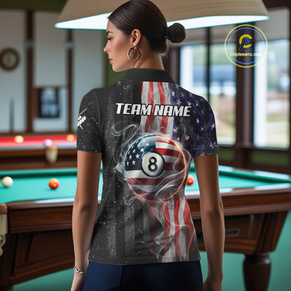 Personalized American Flag Smoke Billiard Jersey For Women, Patriotic 8 Ball Pool Billiard Shirt TDM5679