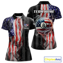 Load image into Gallery viewer, Personalized American Flag Smoke Billiard Jersey For Women, Patriotic 8 Ball Pool Billiard Shirt TDM5679