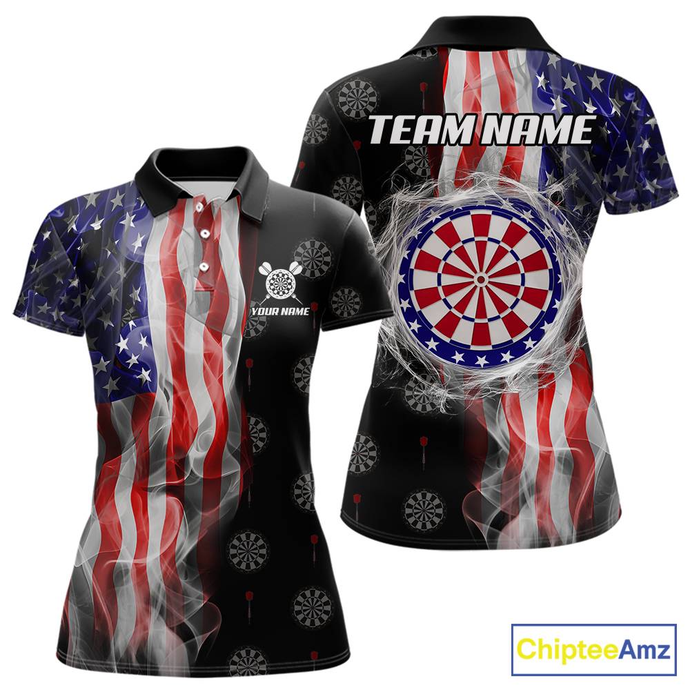 Personalized American Flag Smoke Darts Shirt For Women, Patriotic Darts Jersey Team Polo & 1/4 Zip TDM5680