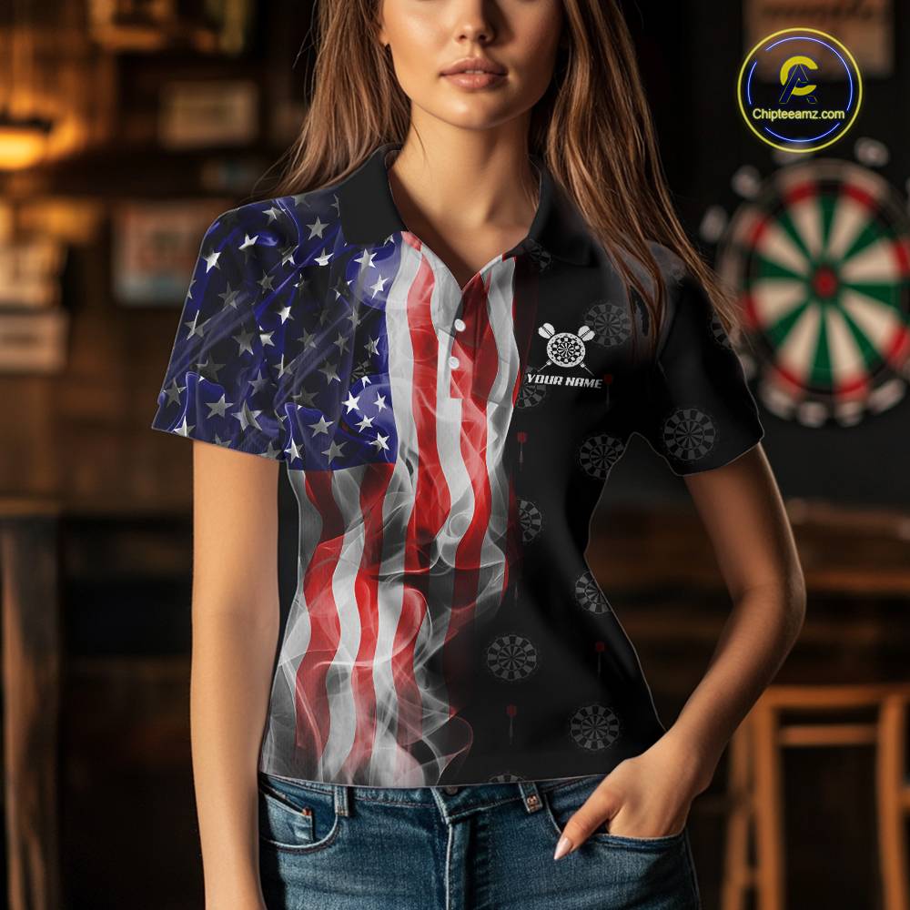 Personalized American Flag Smoke Darts Shirt For Women, Patriotic Darts Jersey Team Polo & 1/4 Zip TDM5680