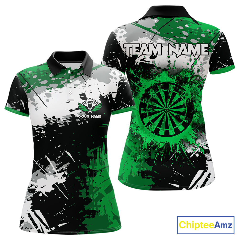 Custom Green Grunge Darts Shirt With Pocket Option For Women, Dart Team Jersey TDM5887