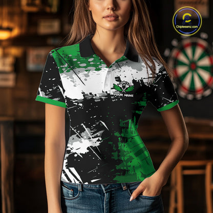 Custom Green Grunge Darts Shirt With Pocket Option For Women, Dart Team Jersey TDM5887