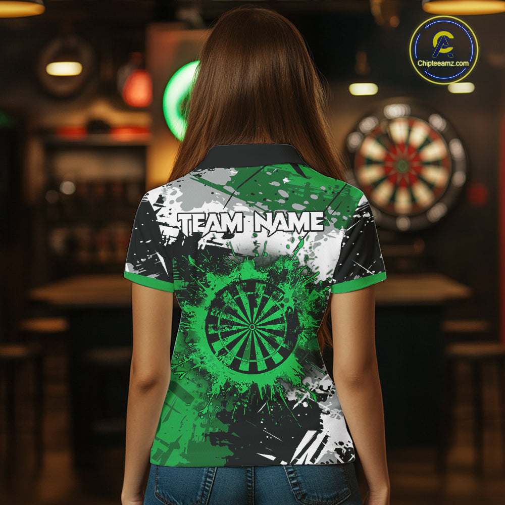 Custom Green Grunge Darts Shirt With Pocket Option For Women, Dart Team Jersey TDM5887
