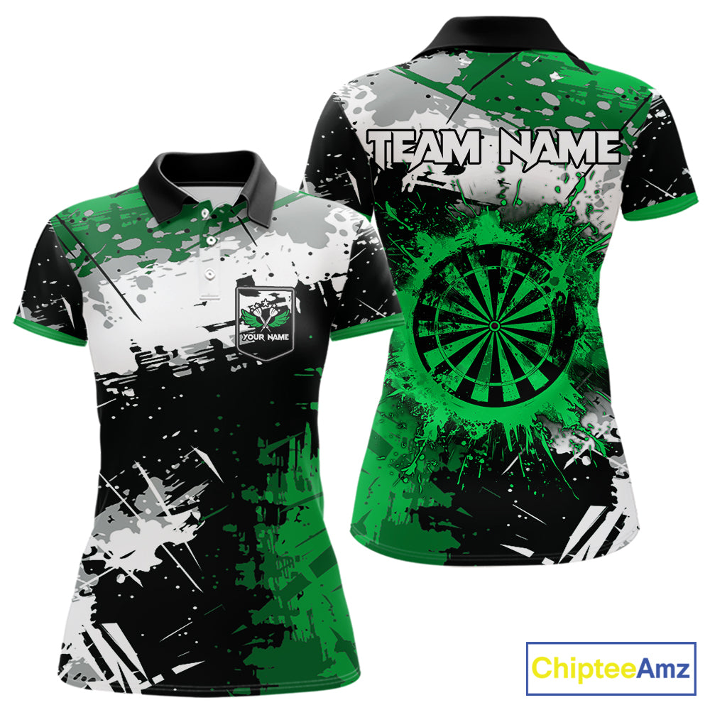 Custom Green Grunge Darts Shirt With Pocket Option For Women, Dart Team Jersey TDM5887
