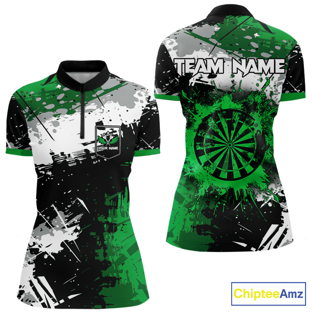Custom Green Grunge Darts Shirt With Pocket Option For Women, Dart Team Jersey TDM5887