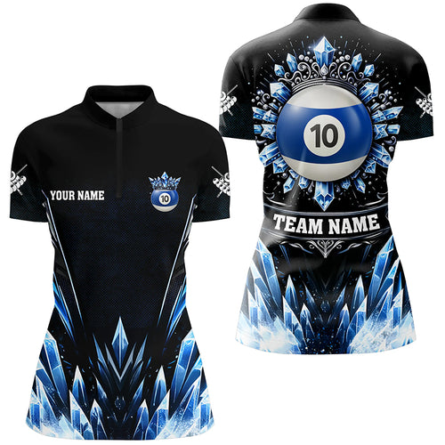 Customized Blue Icy Funny 10 Ball Pool Crown Women Quarter-Zip Shirt Custom Billiard Jersey TDM1395