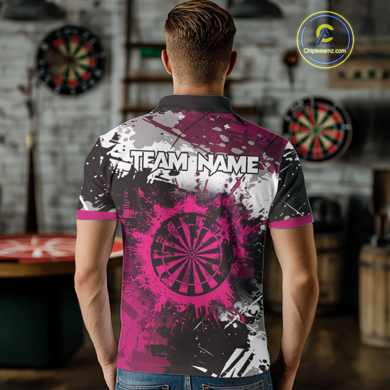 Pink Grunge Paint Splash Dart Polo & Quarter Zip Custom Dart Shirts For Men Darts Team Jerseys TDM3859