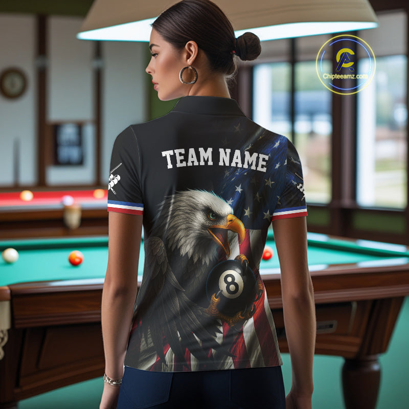 American Flag Eagle 8 Ball Womens Billiard Polo & 1/4 Zip Custom Patriotic Team Billiard Pool Jersey TDM3866