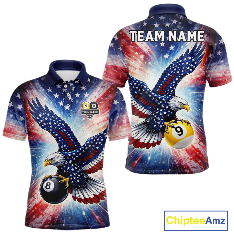 Custom 8 Ball & 9 Ball American Flag Eagle Billiard Shirt For Men, Pool Team Jersey Polo & 1/4 Zip TDM6281