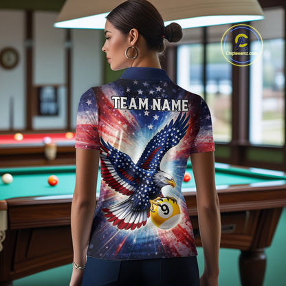 Custom 8 Ball & 9 Ball American Flag Eagle Billiard Shirt For Women, Pool Team Jersey Polo & 1/4 Zip TDM6281