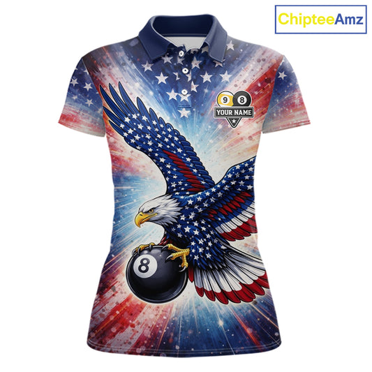 Custom 8 Ball & 9 Ball American Flag Eagle Billiard Shirt For Women, Pool Team Jersey Polo & 1/4 Zip TDM6281