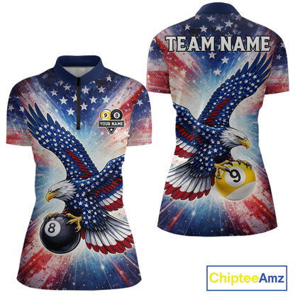 Custom 8 Ball & 9 Ball American Flag Eagle Billiard Shirt For Women, Pool Team Jersey Polo & 1/4 Zip TDM6281