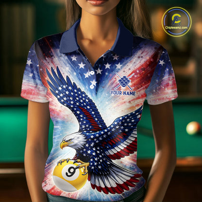 Custom 9 Ball American Flag Eagle Billiard Shirt For Women, Patriotic Pool Team Jersey Polo, 1/4 Zip TDM6282
