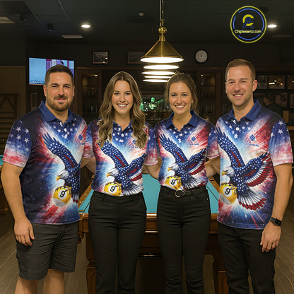 Custom 9 Ball American Flag Eagle Billiard Shirt For Men, Patriotic Pool Team Jersey Polo, 1/4 Zip TDM6282