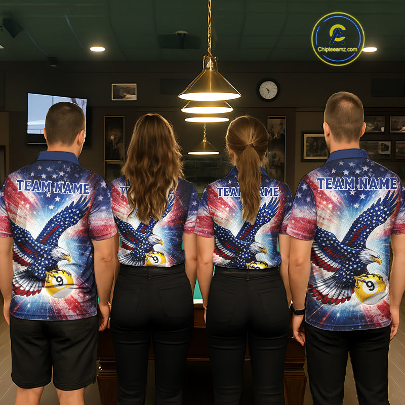 Custom 9 Ball American Flag Eagle Billiard Shirt For Men, Patriotic Pool Team Jersey Polo, 1/4 Zip TDM6282