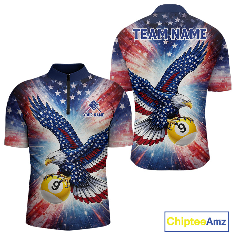 Custom 9 Ball American Flag Eagle Billiard Shirt For Men, Patriotic Pool Team Jersey Polo, 1/4 Zip TDM6282