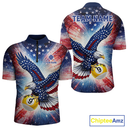 Custom 9 Ball American Flag Eagle Billiard Shirt For Men, Patriotic Pool Team Jersey Polo, 1/4 Zip TDM6282