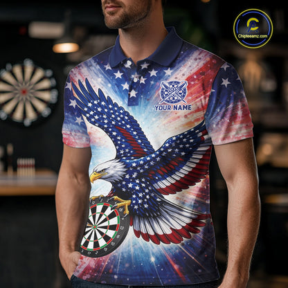 Personalized American Flag Eagle Darts Shirt For Men, Patriotic Darts Team Jersey Polo & 1/4 Zip TDM6283
