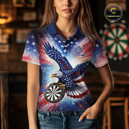 Personalized American Flag Eagle Darts Shirt For Women, Patriotic Darts Team Jersey Polo & 1/4 Zip TDM6283